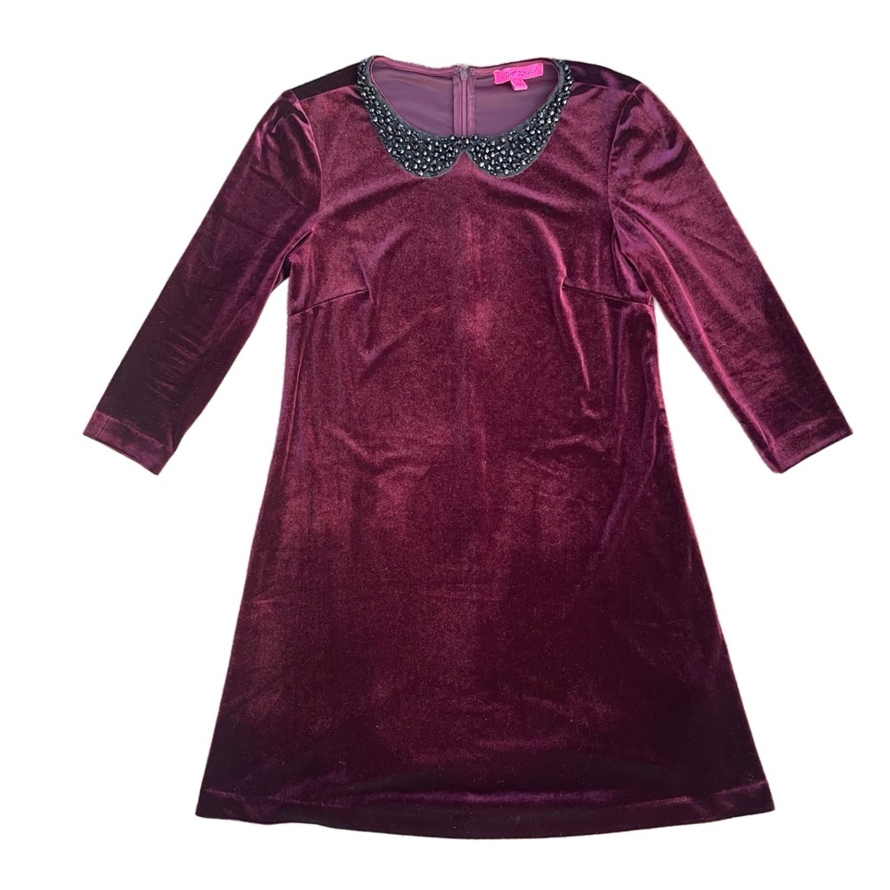 Betsey Johnson Purple Velvet Beaded Scalloped Dollette Collar Mini Shift Dress